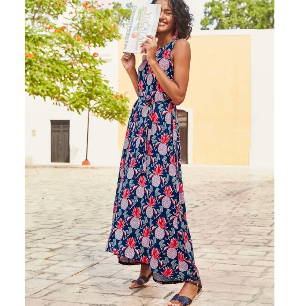 Boden Delphine Jersey Maxi Dress 10P Blue Pineapple Tropical Summer Beach Boho